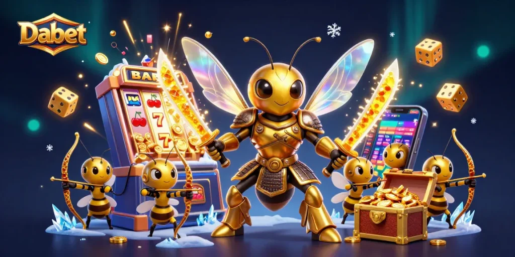 Dabet showcases an exciting 3D casino scene with a giant golden hornet and dynamic jackpot elements, perfect for gamblers.