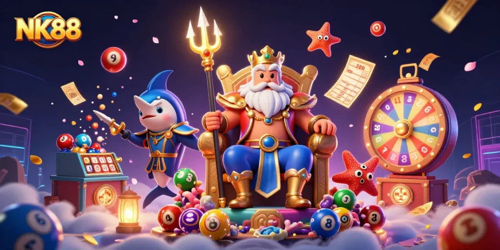 Experience the thrill of winning with NK88 through vibrant casino elements and engaging characters.