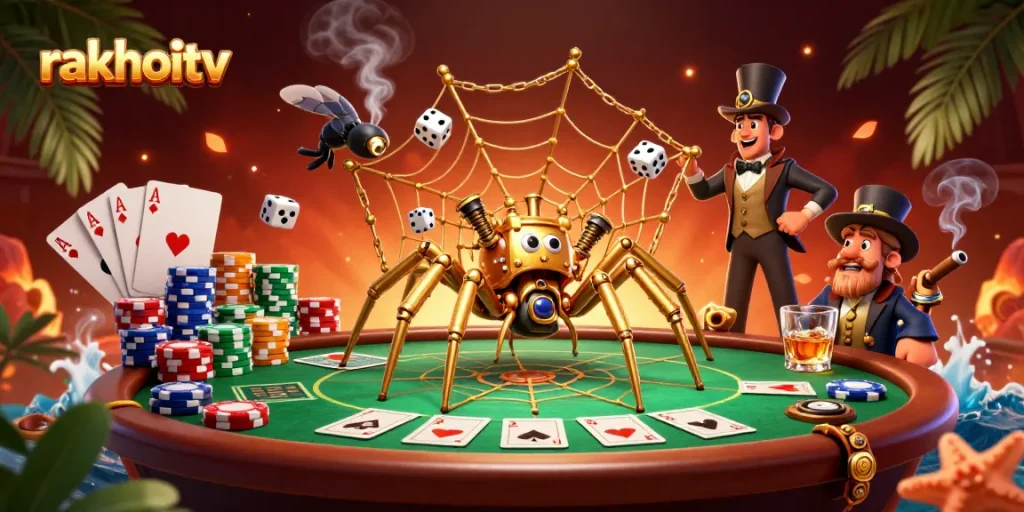 Experience thrilling gameplay at rakhoitv with dynamic 3D casino illustration showcasing poker excitement.
