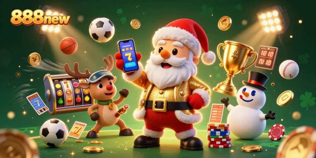 Engaging 888new casino scene with Santa and festive characters showcasing jackpot slots.