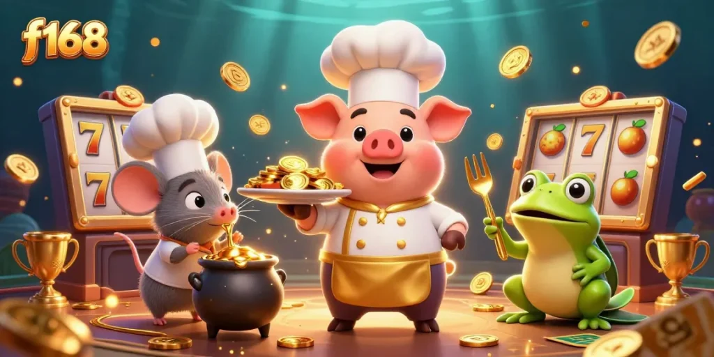 Experience exciting gaming with f168, showcasing vibrant slots and animated characters in a lively casino atmosphere.