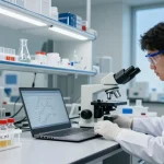Lab scientist analyzing BPC-157 compounds at koipeptidescanada.com/bpc-157-canada, surrounded by vials and chemical data.