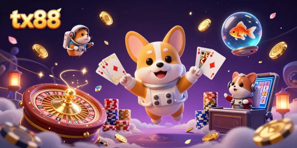 tx88 engages players with a vibrant casino scene featuring a corgi and floating elements