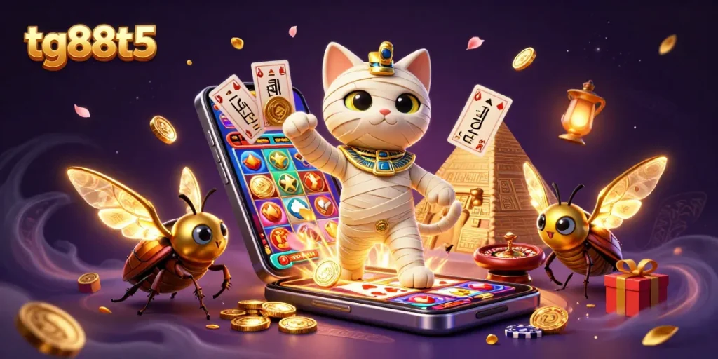 Experience excitement with tg88t5 among a vibrant casino scene featuring a mummy cat and gaming elements.