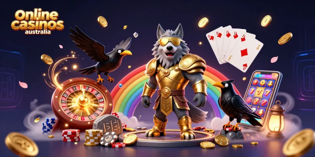 Experience the thrill at online casinos Australia with Odin and his ravens amidst a vibrant casino scene.