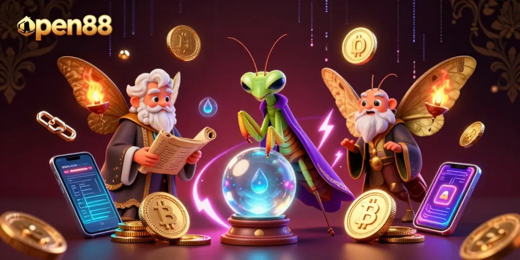 Engage with open88 in a magical casino realm featuring fortune teller, librarian, and glowing coins.