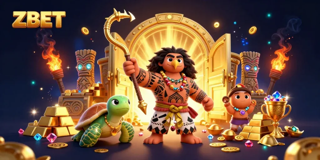 ZBET brings excitement at the casino, featuring a charismatic hawk wielding a golden fish hook and a turtle, amid treasures and riches.