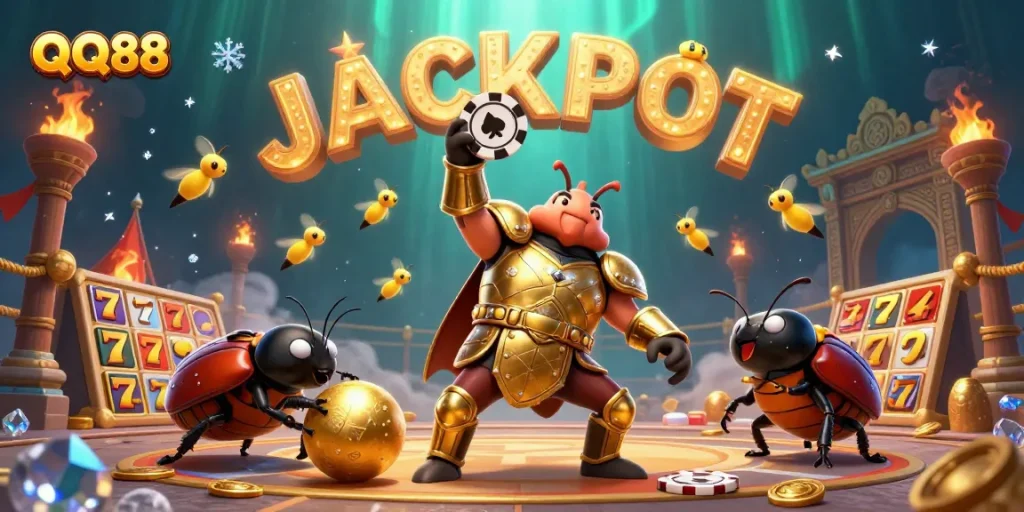 Experience QQ88's thrilling jackpot with a victorious beetle and festive gaming elements.