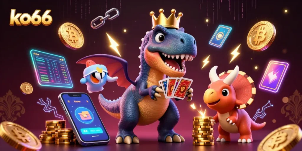 ko66 engages players with a 3D cartoon scene of a T-Rex and friends enjoying casino fun.