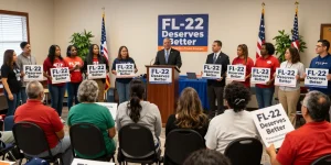 Citizens engaging with candidate Casey Askar at a community forum, emphasizing transparency and local values in FL-22.