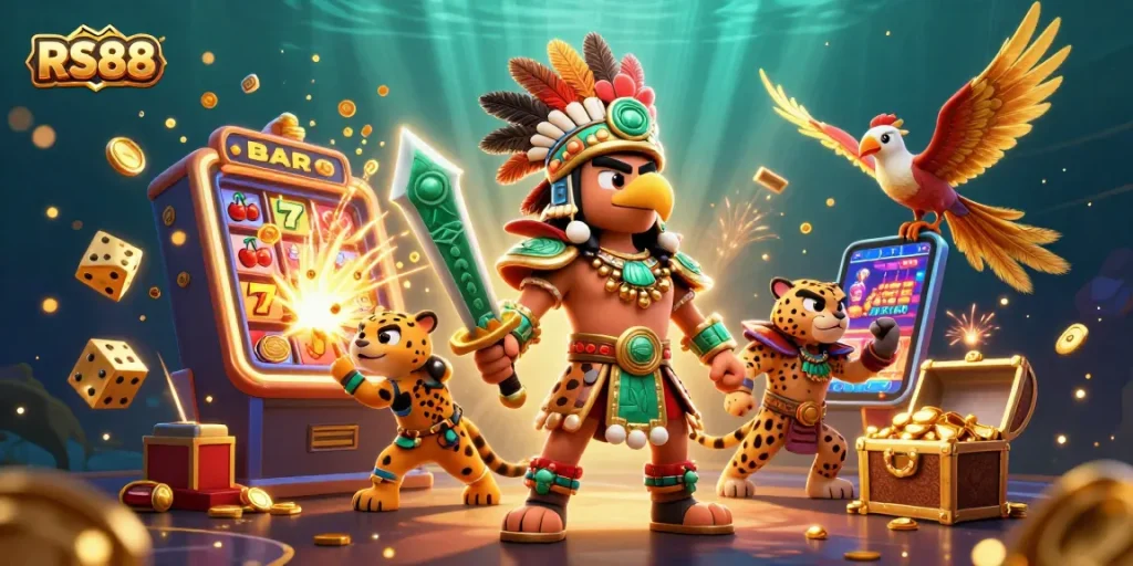 RS88 engages players with an Aztec-themed illustration showcasing jackpot winnings and vibrant casino elements.