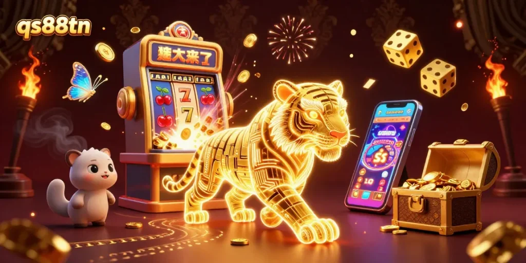 Experience thrilling gameplay at qs88tn with a radiant tiger and jackpot slot elements in an exciting casino scene.