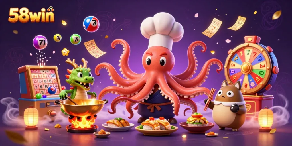 Experience the vibrant excitement of 58win as the octopus chef prepares golden dishes amidst dynamic casino elements.