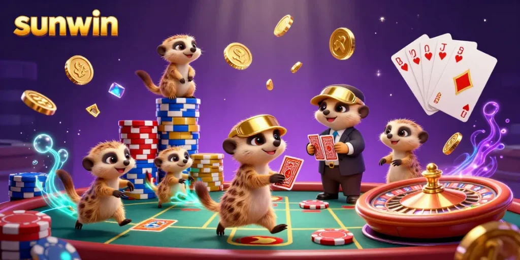 Experience the thrilling excitement of sunwin with a lively meerkat casino scene showcasing vibrant games and animated characters.