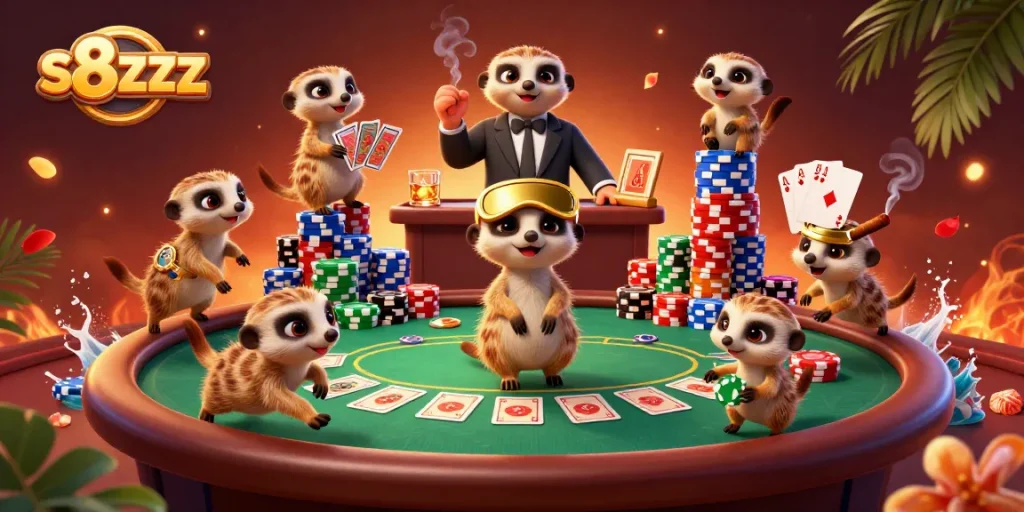 Experience the fun of s8zzz with meerkats managing a busy casino scene filled with poker chips and games.