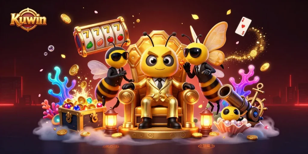 Kuwin showcases a vibrant 3D casino scene with a bumblebee mob boss and treasure elements, engaging gamblers.