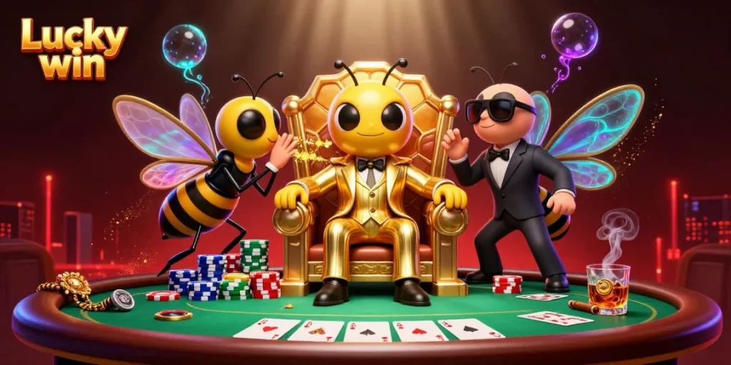 Engage in a lucky win with our cartoon bumblebee mob boss at the poker table.