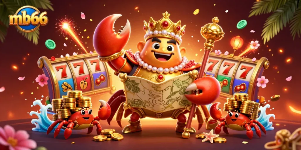 Experience thrilling games at mb66 with a golden crab emperor and vibrant casino elements.