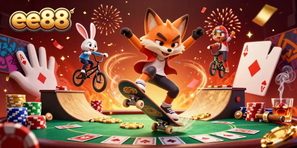 ee88 promotes dynamic gameplay with a skateboarder fox and BMX rabbit in vibrant casino atmosphere.