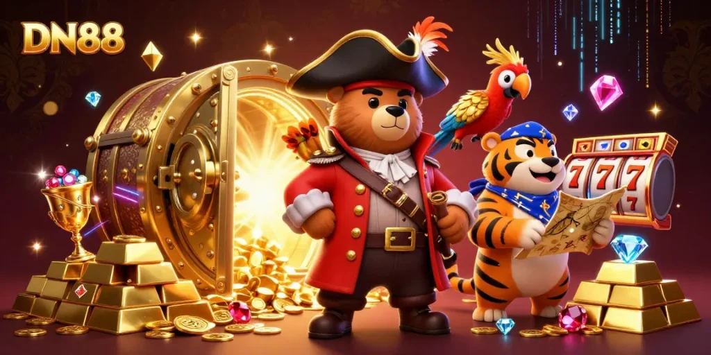 Experience the excitement of gambling at DN88 with a dynamic pirate-themed scene filled with treasure and gaming elements.