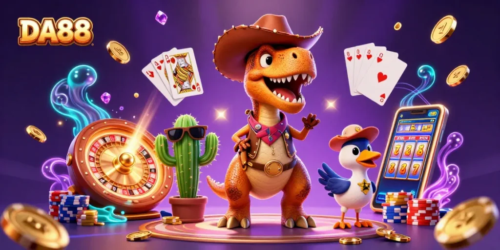 DA88 cowboy dinosaur spins the roulette wheel while cascading coins fly around