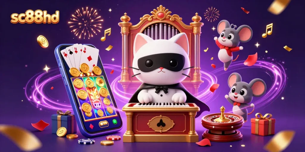 Engage with sc88hd's vibrant casino universe featuring a whimsy cat maestro at the pipe organ.