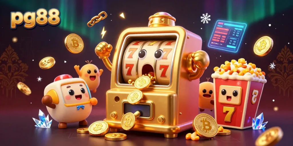 Experience the excitement of pg88 with a golden jackpot slot machine hitting big amidst cheering companions.