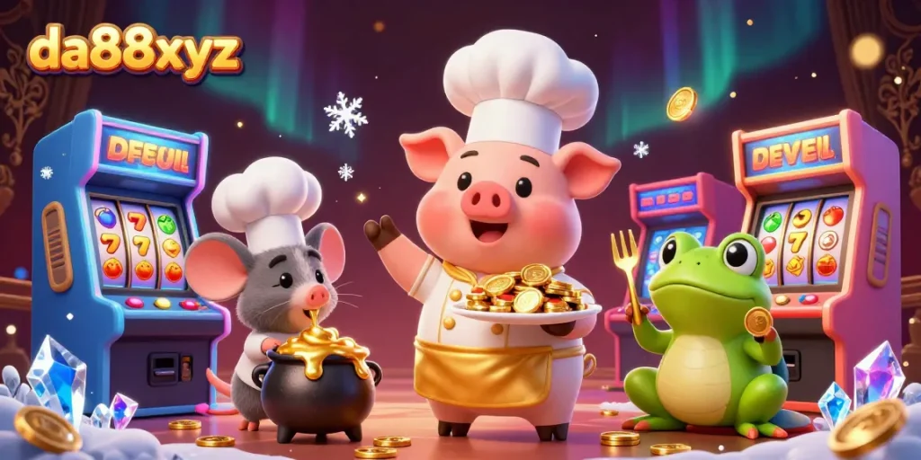 Spin the reels at da88xyz with a vibrant 3D casino scene featuring cartoon characters and gold coins