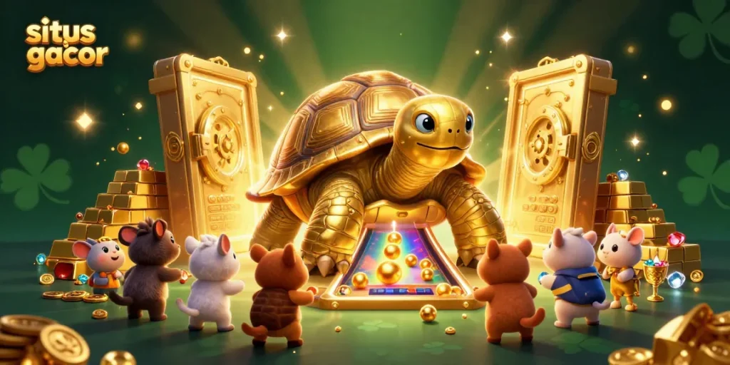 Play exciting games at situs slot gacor, featuring a vibrant scene with a golden tortoise pinball machine and vibrant treasures.