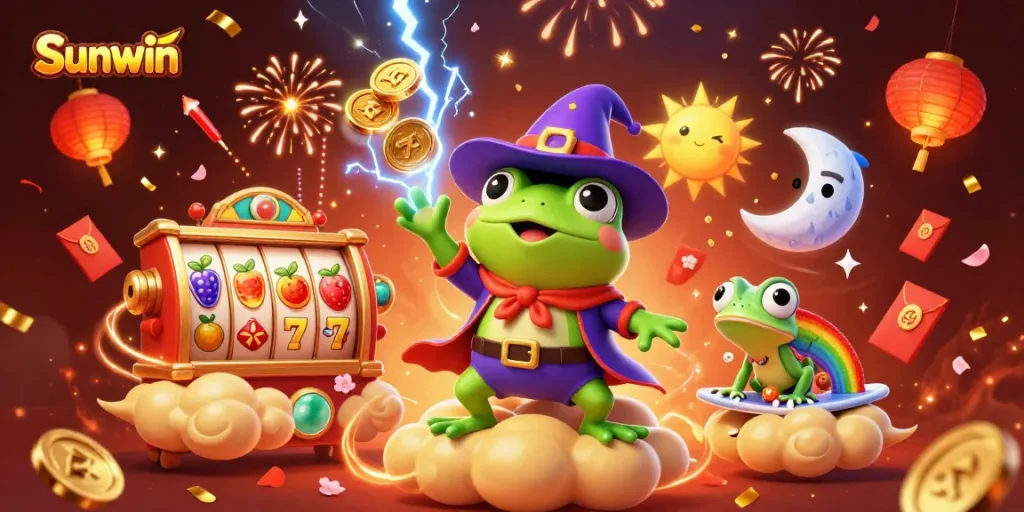 Play and win with Sunwin in this vibrant, exciting casino illustration packed with action.