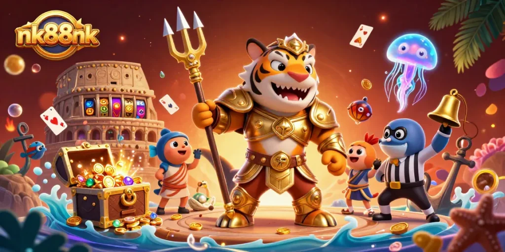 Spin the reels at nk88nk's vibrant underwater casino, featuring a triumphant shark gladiator.