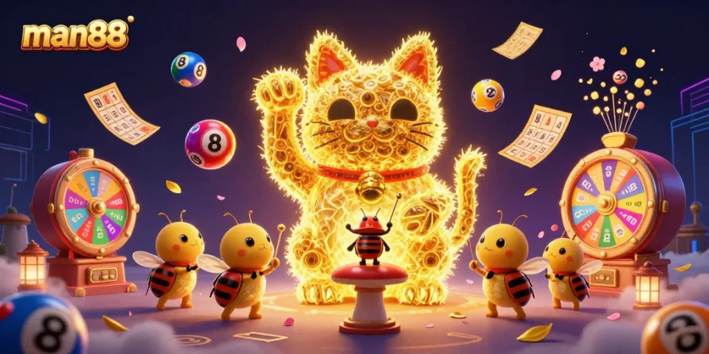 Join the fun at man88 with a lucky cat surrounded by exciting lotto elements!