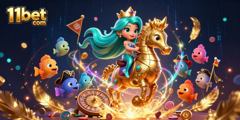 Engage with 11bet com through this vibrant casino-inspired scene featuring a mermaid princess and seahorse.