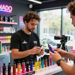 Aufregende Auswahl an Tornado Vape Modellen in einem modernen Vape-Shop mit freundlichem Personal.