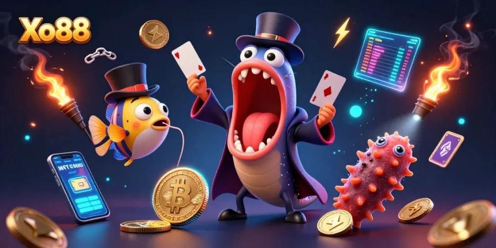 Xo88 showcases a magical act with a bioluminescent eel, anglerfish, and a sea cucumber in a lively casino scene.
